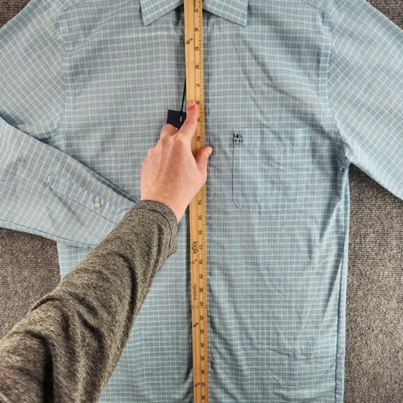 NWT Stafford Travel Button Up Shirt Green Blue Check 14.5 32/33 Regular Woven - Picture 4 of 16